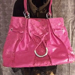 Hot pink laser cut floral print purse